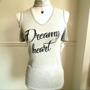 “Dreamy Heart” Graphic Open Cutout Shoulder Top